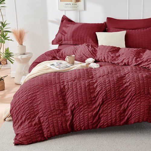 HYMOKEGE King Size Comforter Set - Luxury Burgundy Seersucker 7-Piece Bedding Set | All-Season Comfort
