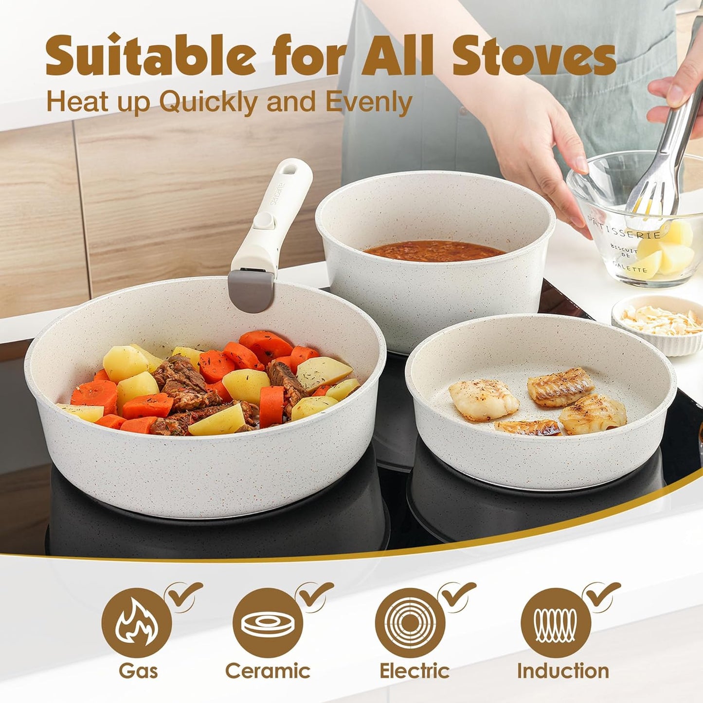 SENSARTE 13-Piece Nonstick Cookware Set - Detachable Handle & Induction Compatible | Dishwasher & Oven Safe (White)