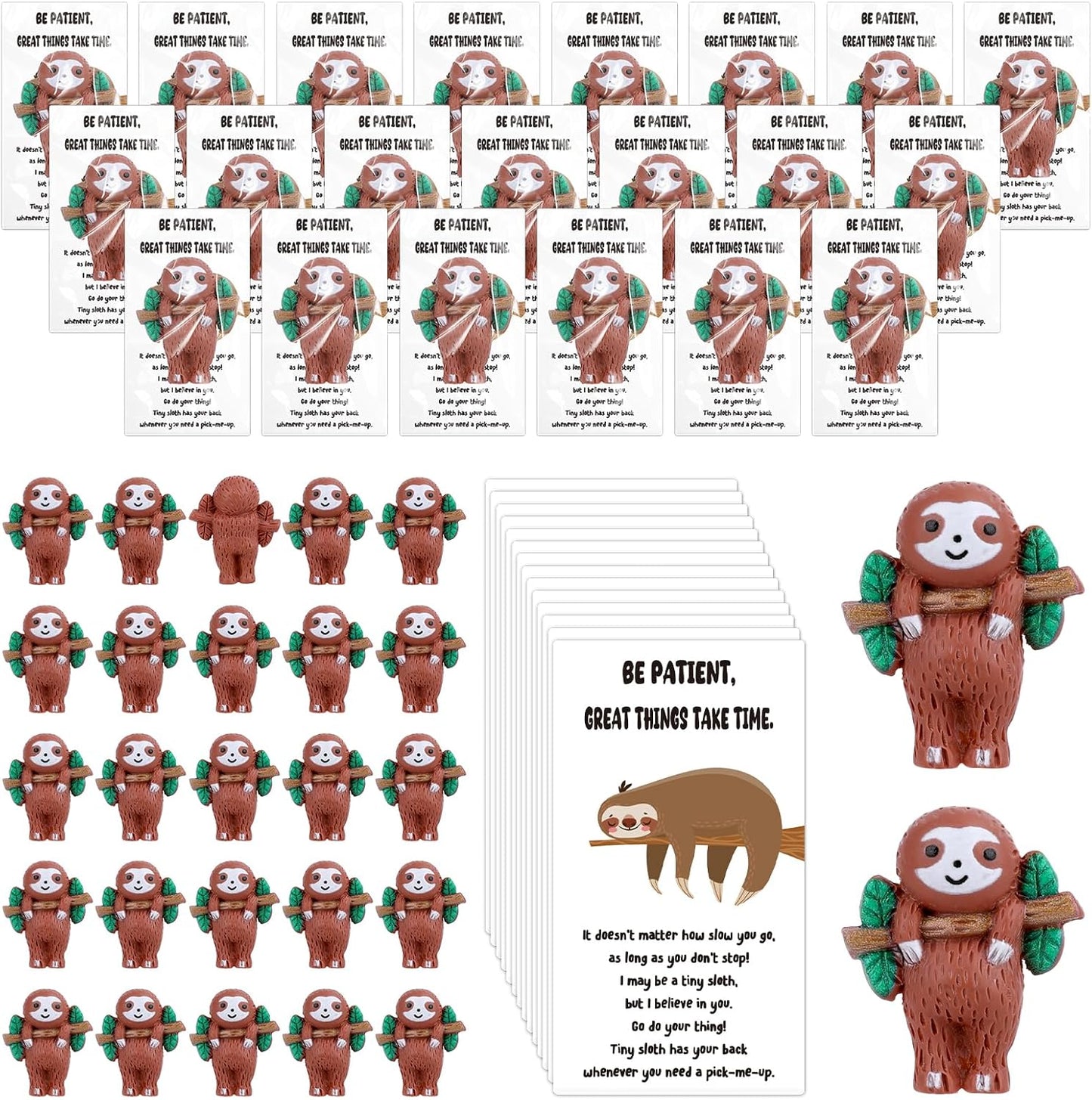 Skiennix Sloth Gifts - 30 Mini Resin Animals with Positive Cards for Emotional Support | Cute Table Decor