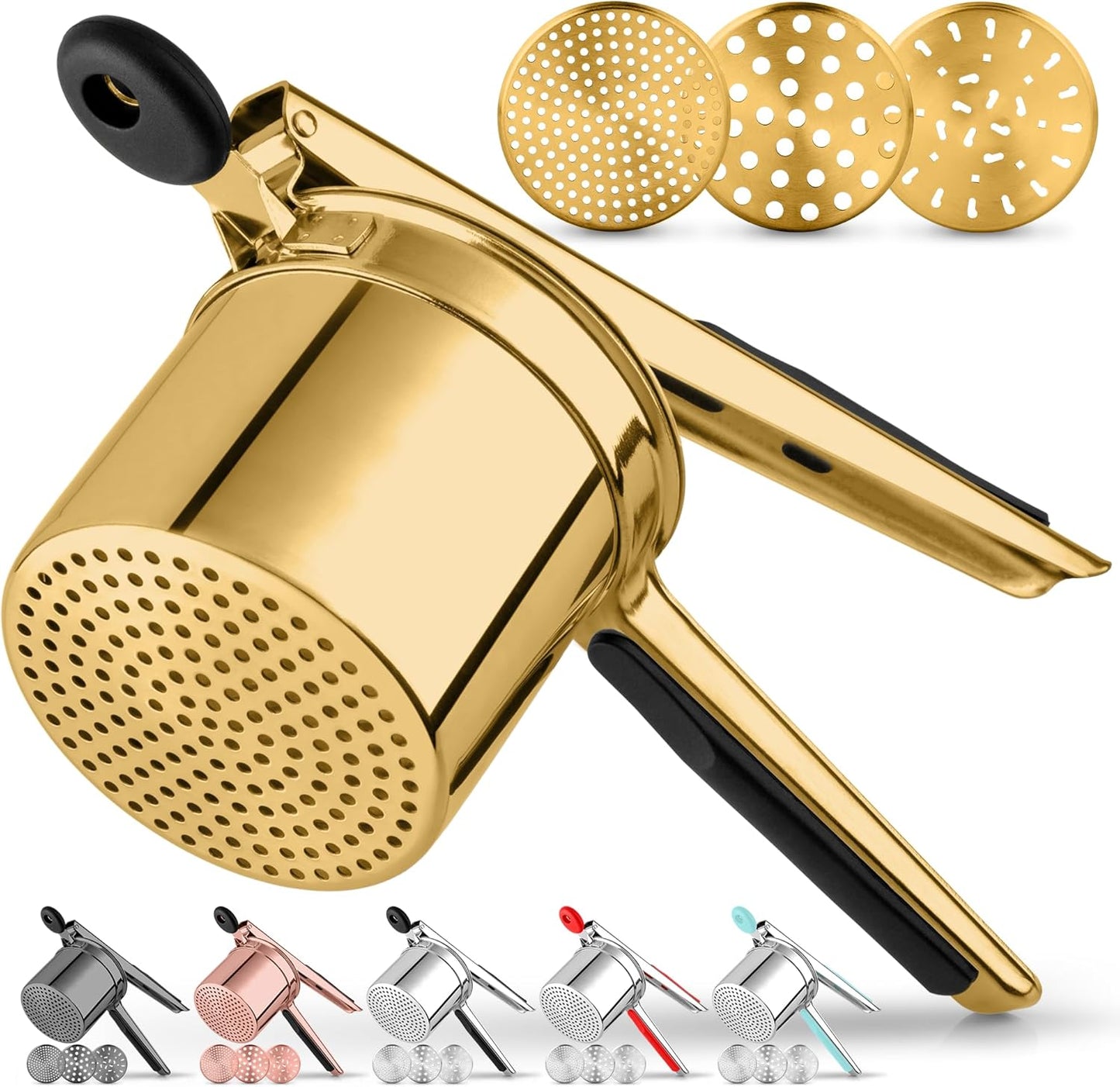 Zulay Kitchen Premium Potato Ricer - Heavy Duty Stainless Steel Masher Tool | 15oz Gold/Black