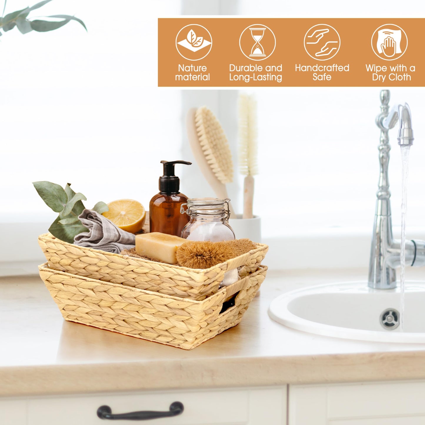 M4DECOR Set of 3 Snack Baskets, Wicker Snack Basket Organizer for Office, Small Wicker Baskets with Handles, (3 Medium Basket)