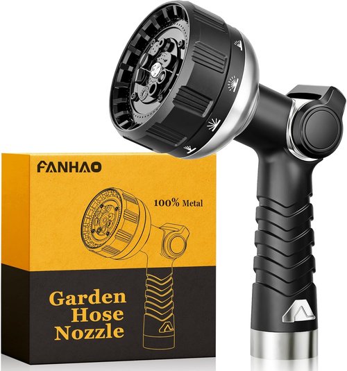 FANHAO Heavy Duty Metal Garden Hose Nozzle - 10 Spray Patterns & High Pressure Control | Ideal for Plants, Cars & Pets
