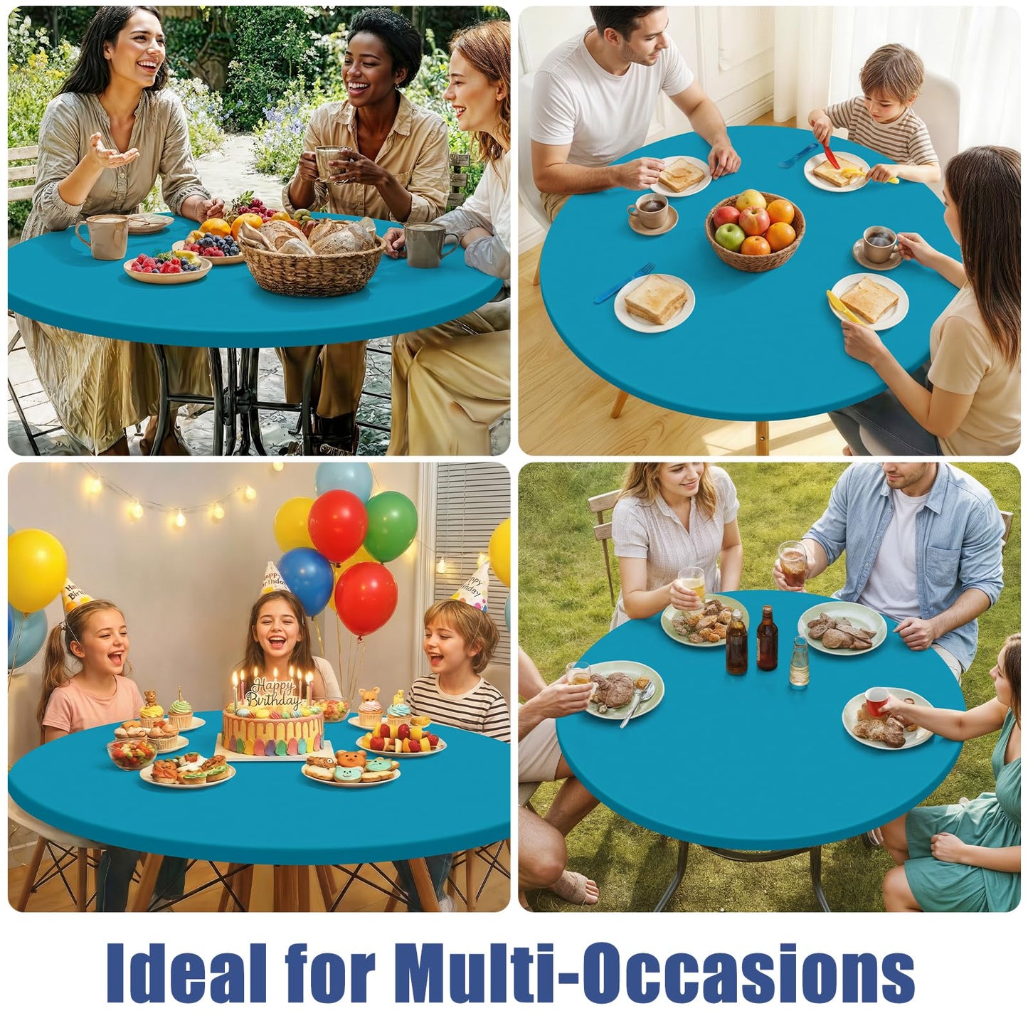 Moosfor Round Spandex Tablecloth, Elastic Fitted Waterproof Tablecloths for 42"-50" Tables, Stretch Washable Picnic Table Cover for Camping, Dining, Indoor and Outdoor, Turquoise