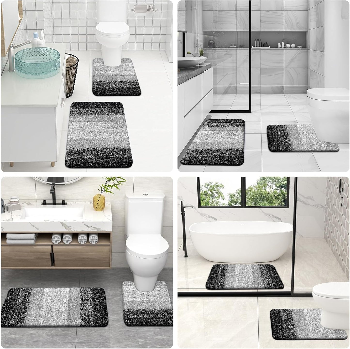 OLANLY Bathroom Rug Set - Soft Absorbent Microfiber Mats & U-Shaped Toilet Rug | Non-Slip, Black (24"x16" + 24"x20")