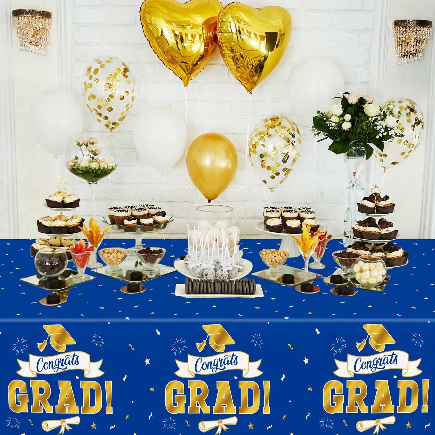 QZYL 2Pack 2026 Graduation Decorations, 108" X 54" Graduation Tablecloth, Bluegold Disposable Table Cloths for Grad Party Favors Supplies, Rectangle Plastic Tablecover for Class 2026 Congrats Grad