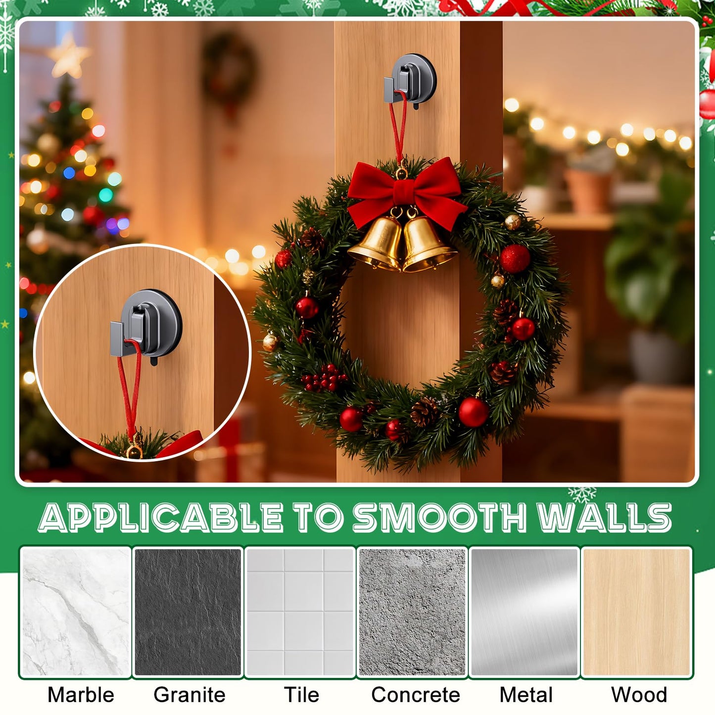 SereniMist Suction Cup Hooks for Wreaths on Glass, No Drill Suction Cup Hooks for Shower, Wreath Hanger for Front Door for Fall Decorating Christmas Thanksgiving (2PCS)