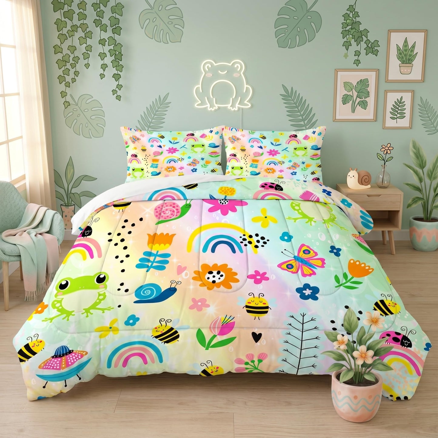 FUYEUN Rainbow Comforter Set Queen Size Cartoon Frogs Bedding Sets for Girls Kids Women Boys Flowers Butterfly Bees Snails Insects Cute Kawaii Quilt 1 Comforter + 2 Pillow Cases