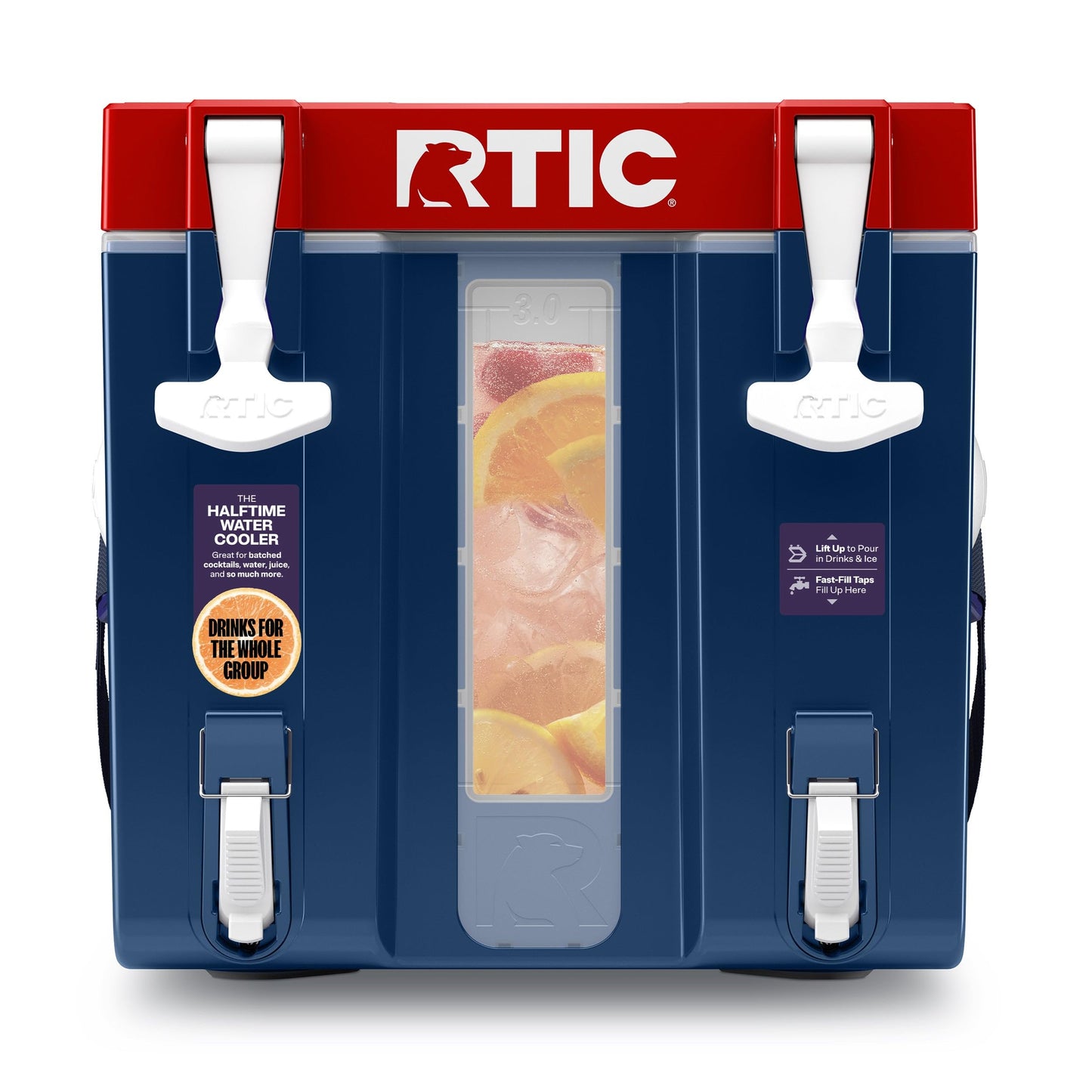 RTIC Halftime Water Cooler Portable Carrier Container, Drink Beverage Dispenser, Stackable with 2 Taps, Bottleless, BPA-Free, for Sports, Camping, BBQ, Parties, Picnic, & More, Patriot