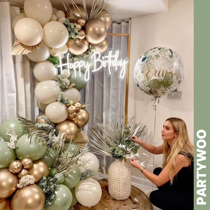 PartyWoo Sage Green Balloons 65pcs 12 Inch Metallic Gold Sand White Light Brown Gold Confetti Balloons for Baby Shower Wedding Engagement Jungle Woodland Forest Birthday Party Decorations