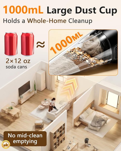Handheld Vacuum by 15-Min - Cordless 26000Pa Strong Suction | 1000mL Dust Cup, 18-36 Min Runtime