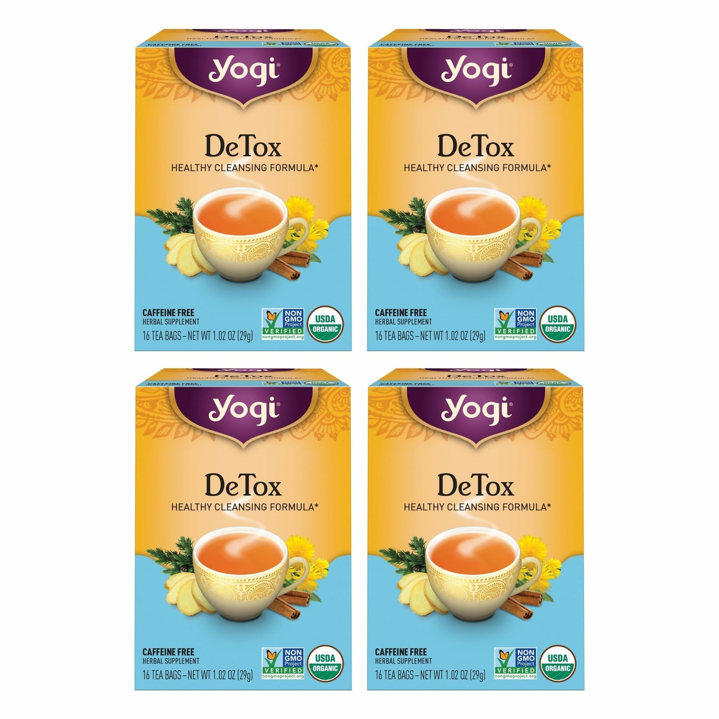 Yogi Tea DeTox Tea - 16 Tea Bags per Pack (4 Packs) - Organic Detox Tea for Digestive & Circulation Support - Includes Burdock, Dandelion, Ginger Root, Black Pepper, Cardamom & Juniper Berry