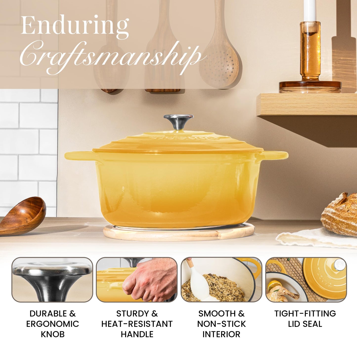 Nuovva Enamelled Cast Iron Dutch Oven Pot with Lid 6.4 Quart Non Stick Casserole Pot – Heavy Duty & Oven Safe up to 500° F for Bread Baking, Braising, Stews, Roasting – 28cm Yellow