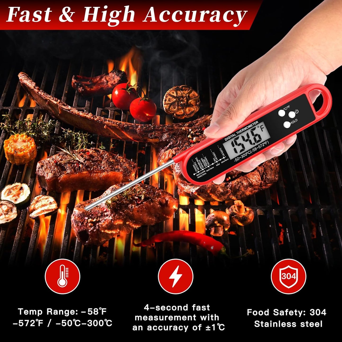 Skiennix Digital Meat Thermometer - Instant Read Waterproof BBQ Probe with Strong Magnet for Perfect Cooking