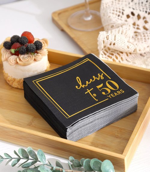Cheers to Years Cocktail Napkins - 50 PK - 3-Ply Birthday Napkins 5x5 Inches Disposable Party Napkins Beverage Paper Napkins or Birthday Decorations Wedding Anniversary Black and Gold (50 Years)