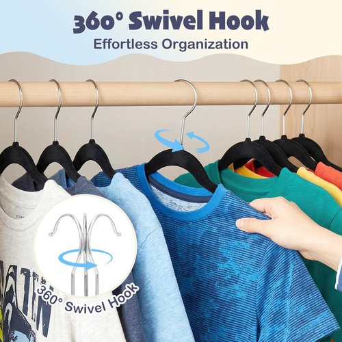 HOUSE DAY 14 Inch Kids Velvet Hangers 50 Pack, Durable Big Kid Hangers for Youth, Teen, Non Slip Kids Felt Hanger, Cute Childrens Hanger for Closet, Black