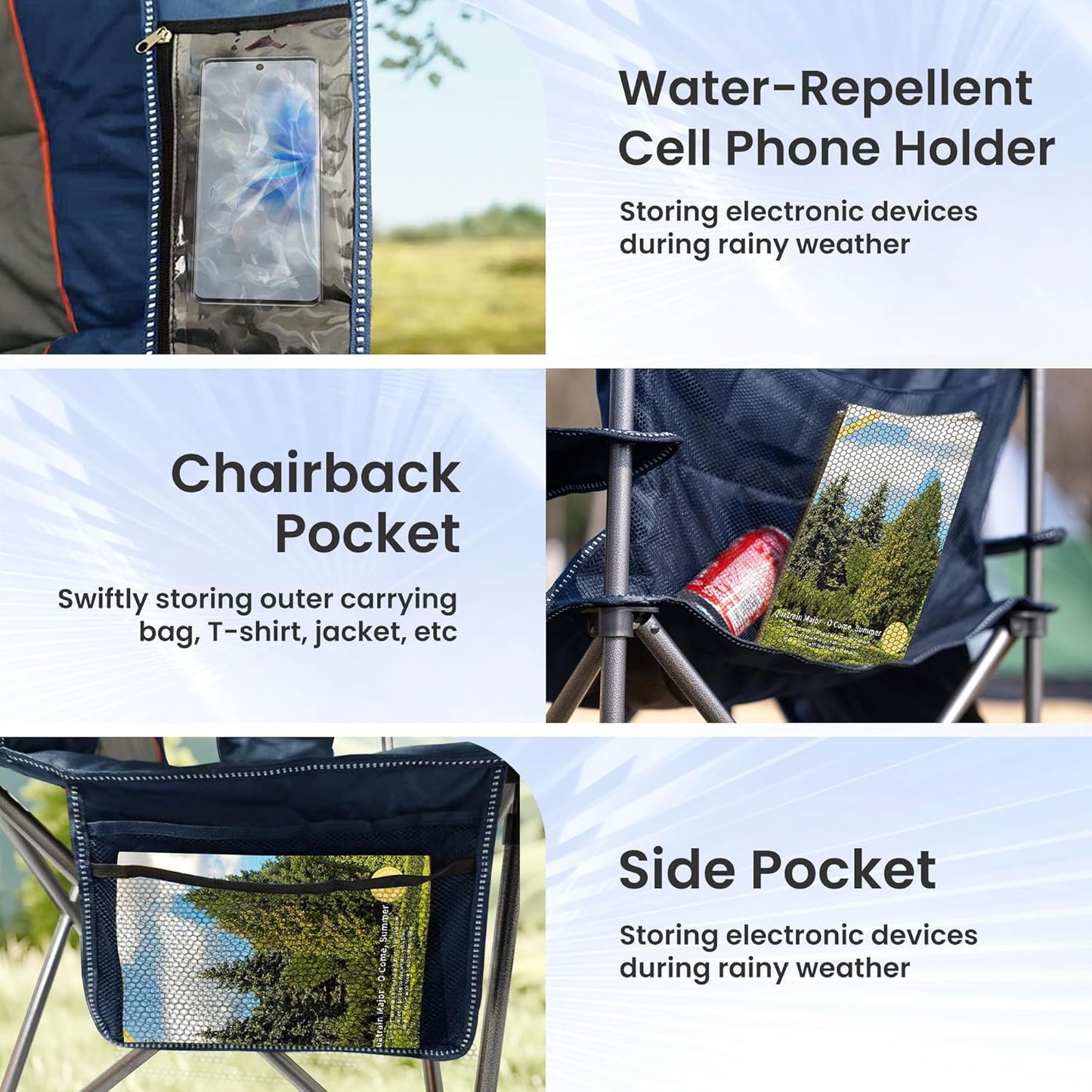 Skiennix Oversized Camping Chair - Heavy Duty Portable Folding Design with Cup Holder & Waterproof Phone Case | Blue & Gray, XL