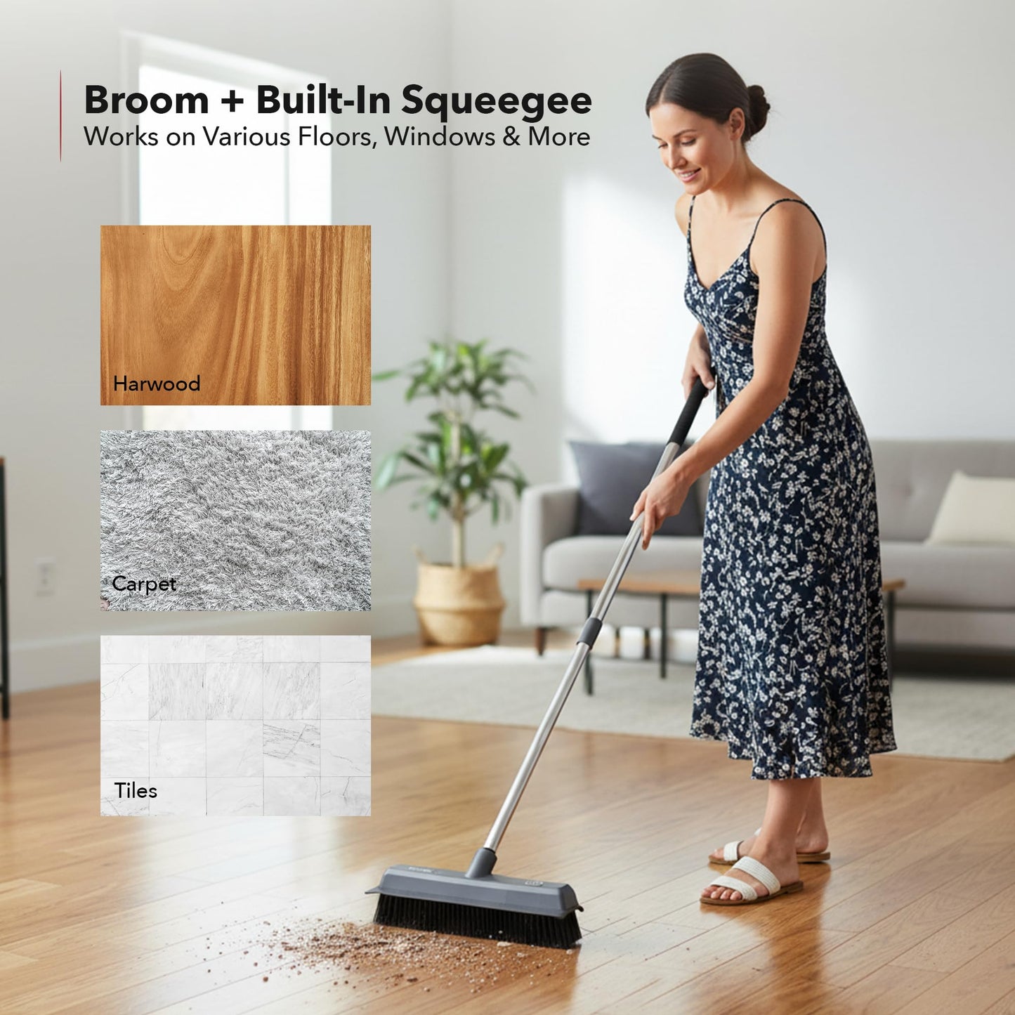 OVENTE Carpet Rake Rubber Broom for Pet Hair Removal with Squeegee, Detailing Lint Fur Remover Brush, Dustpan and 50” Handle, Cleaning Tools Set for Rug, Hardwood Floor, Tile and Window, Grey CT2504GY
