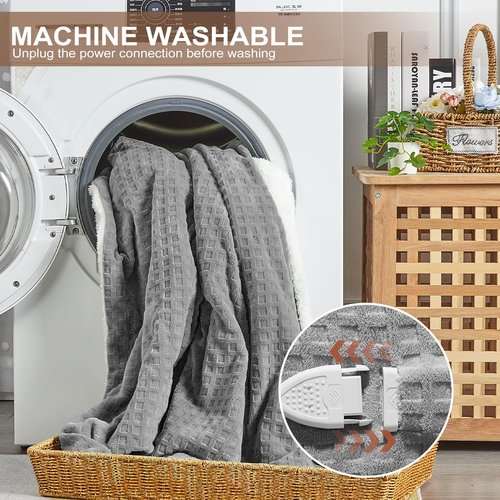 CAROMIO Electric Blanket Full Size, Waffle Fast Heating Heated Blankets with ETL Certified & Machine Washable, Soft Flannel & Sherpa Heat Throws, 5 Heating Levels & 10 Hours Auto Off, Grey, 72" x 84"