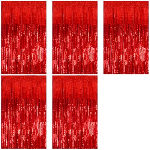 5 Pack Foil Curtain Backdrop Red Metallic Tinsel Foil Fringe Curtains Photo Booth Props for Birthday Wedding Engagement Baby Shower Bachelorette Christmas Holiday Celebration Party Decorations