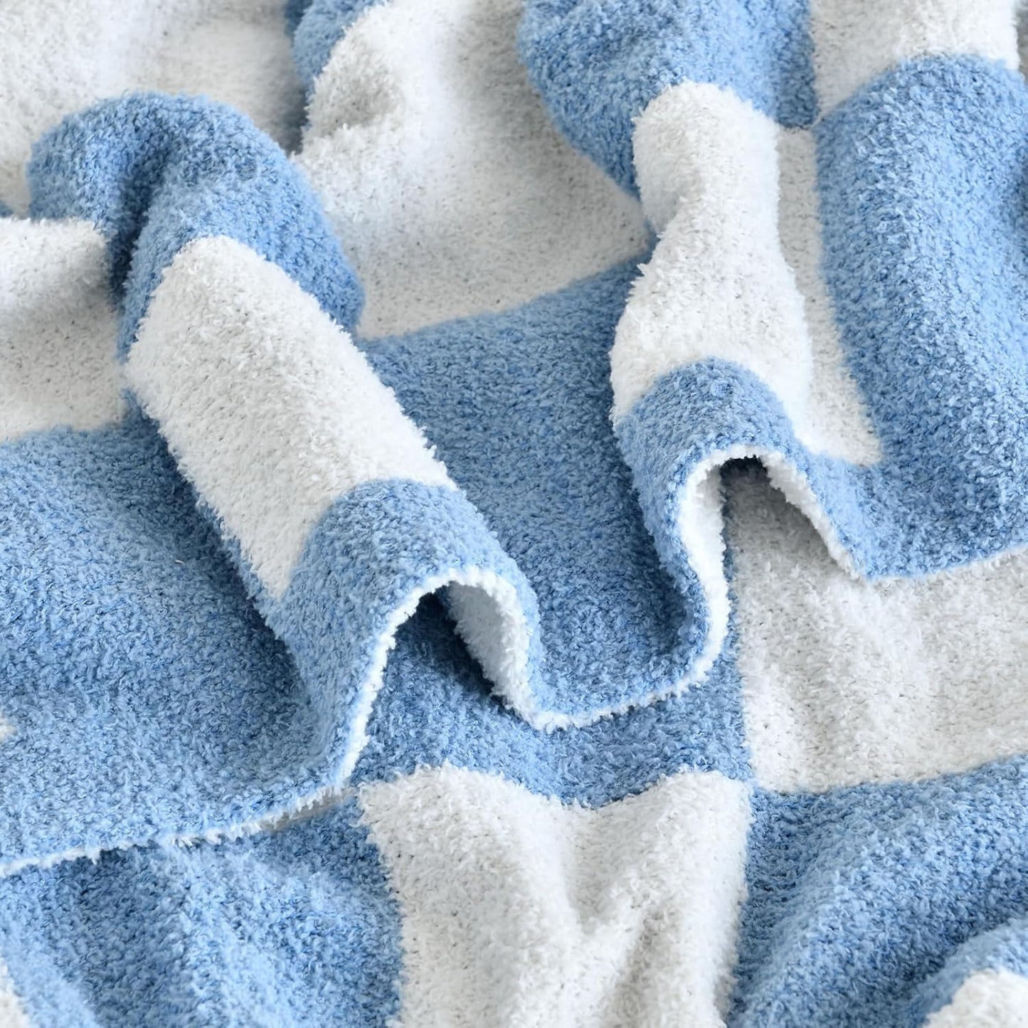 Skiennix Checkered Knitted Throw Blanket - Cozy Fluffy Plaid Design for Couch & Bed | Lightweight 50"x60" Blue