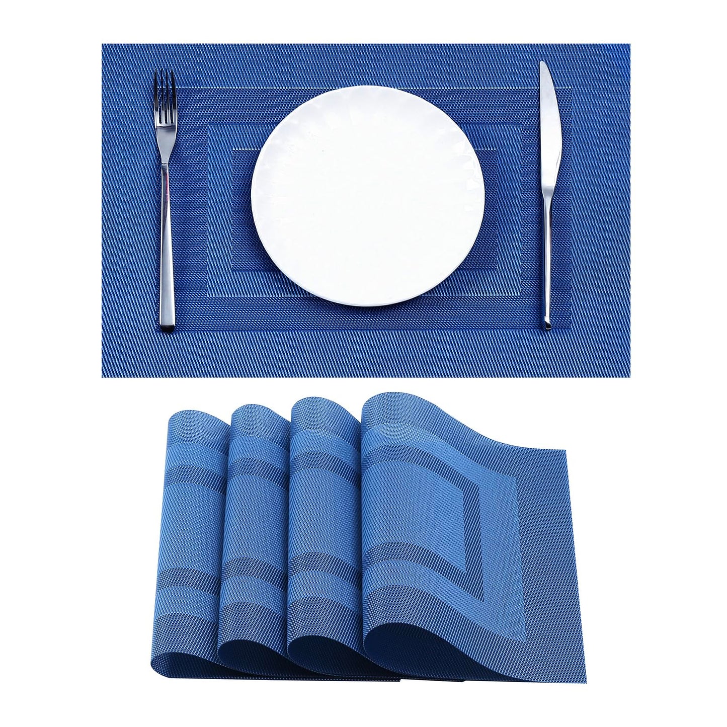 Leetaltree Blue Frame Placemats Set of 4 - Heat Resistant Non-Slip Place mats for Dining Table, Washable Durable PVC Vinyl Woven Table Mats（Blue Frame, 4）