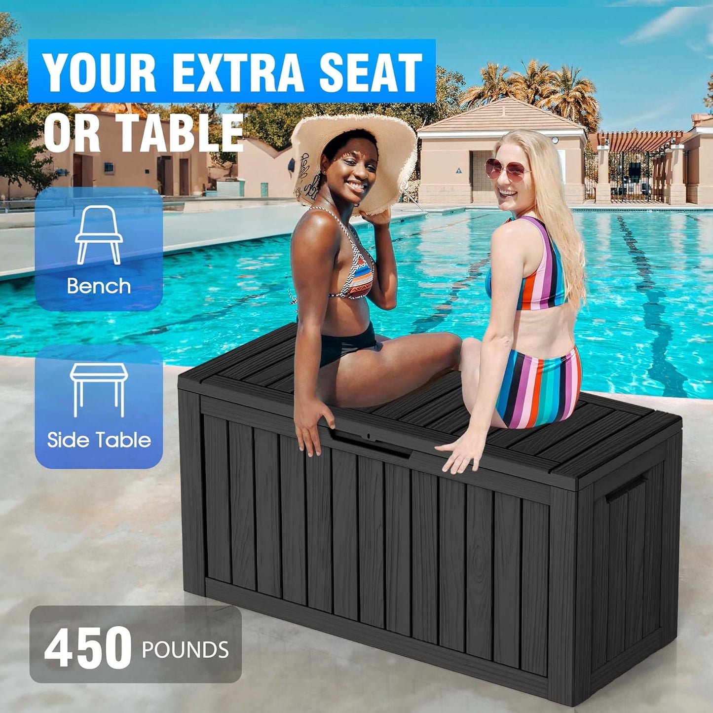 Skiennix 80 Gallon Outdoor Deck Box - Lockable Waterproof Storage for Garden Tools & Cushions | Black