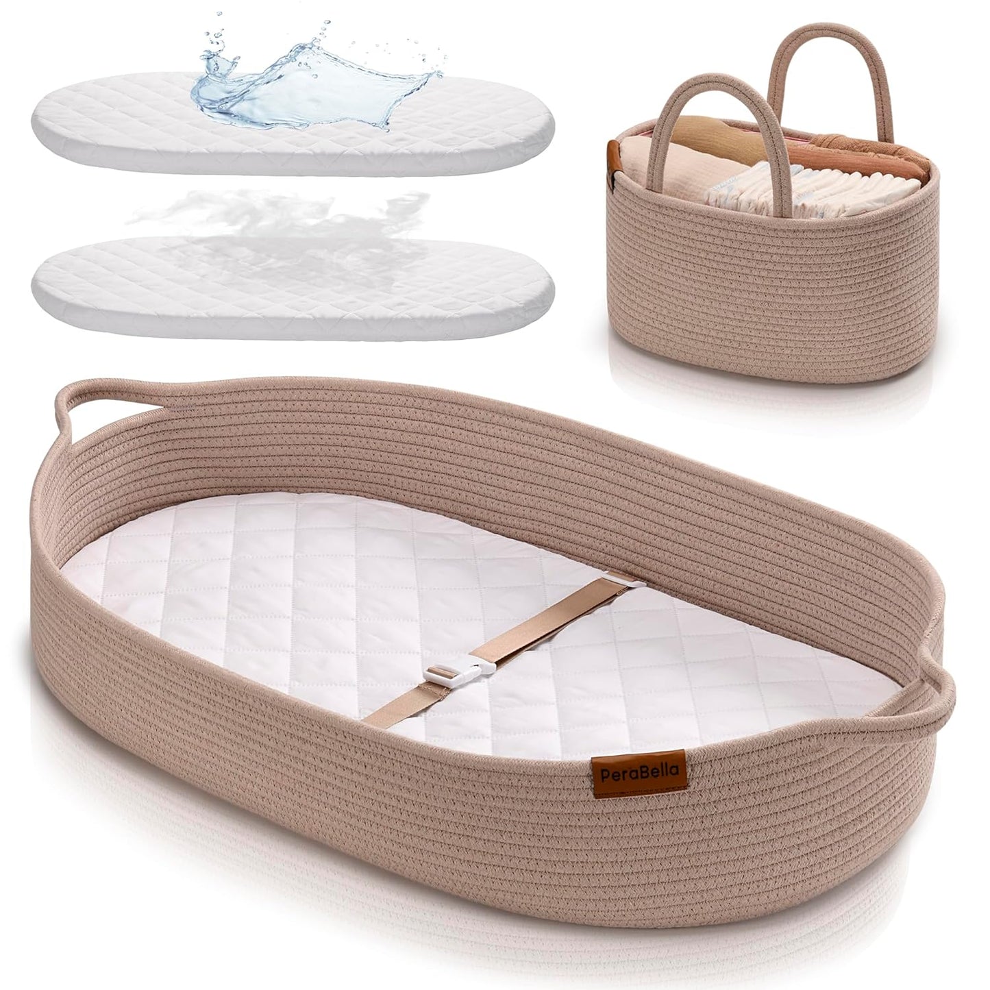 PeraBella XL Baby Changing Basket - Portable Diaper Changing Pad with Waterproof Cover & Caddy