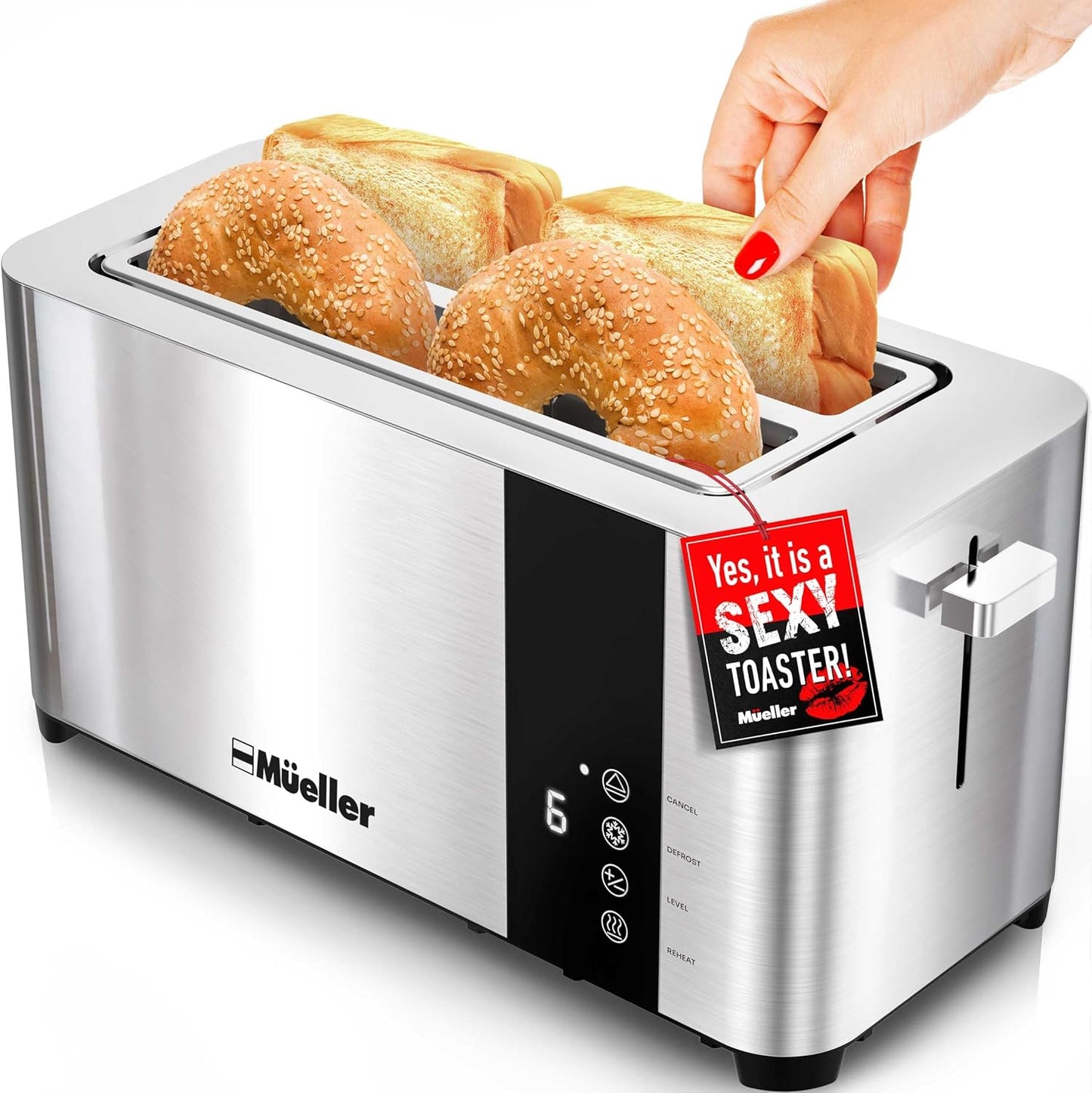 Mueller UltraToast 4-Slice Stainless Steel Toaster - Extra-Wide Slots for Artisan Bread & Bagels, 6 Browning Levels, LED Display