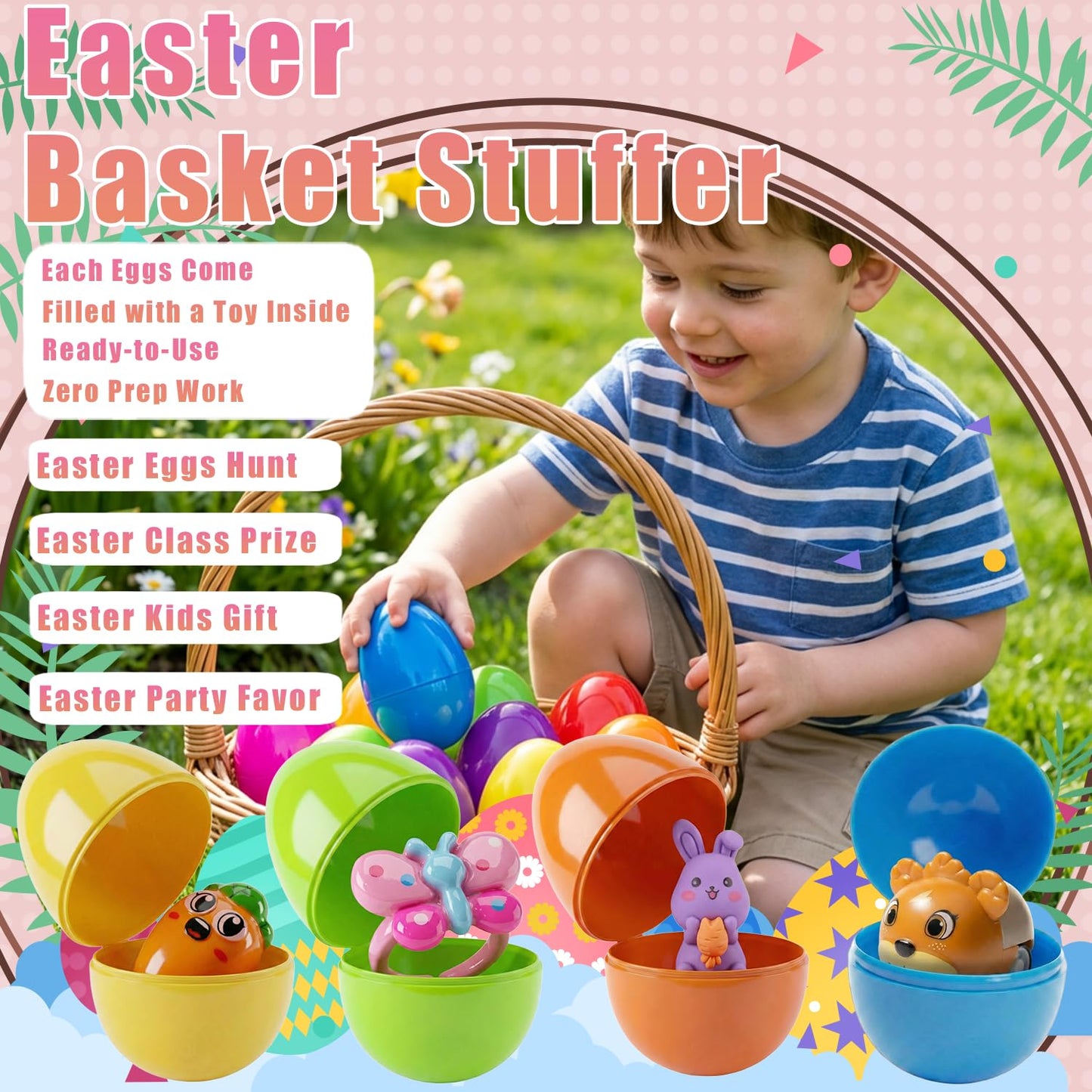 SQZUWIT 100 Pcs Prefilled Easter Eggs Filled with Toys Inside for Kids Boys Girls Pre-filled Easter Hunt Basket Stuffers Essentials Fillers Party Favors Classroom Prize Supplies