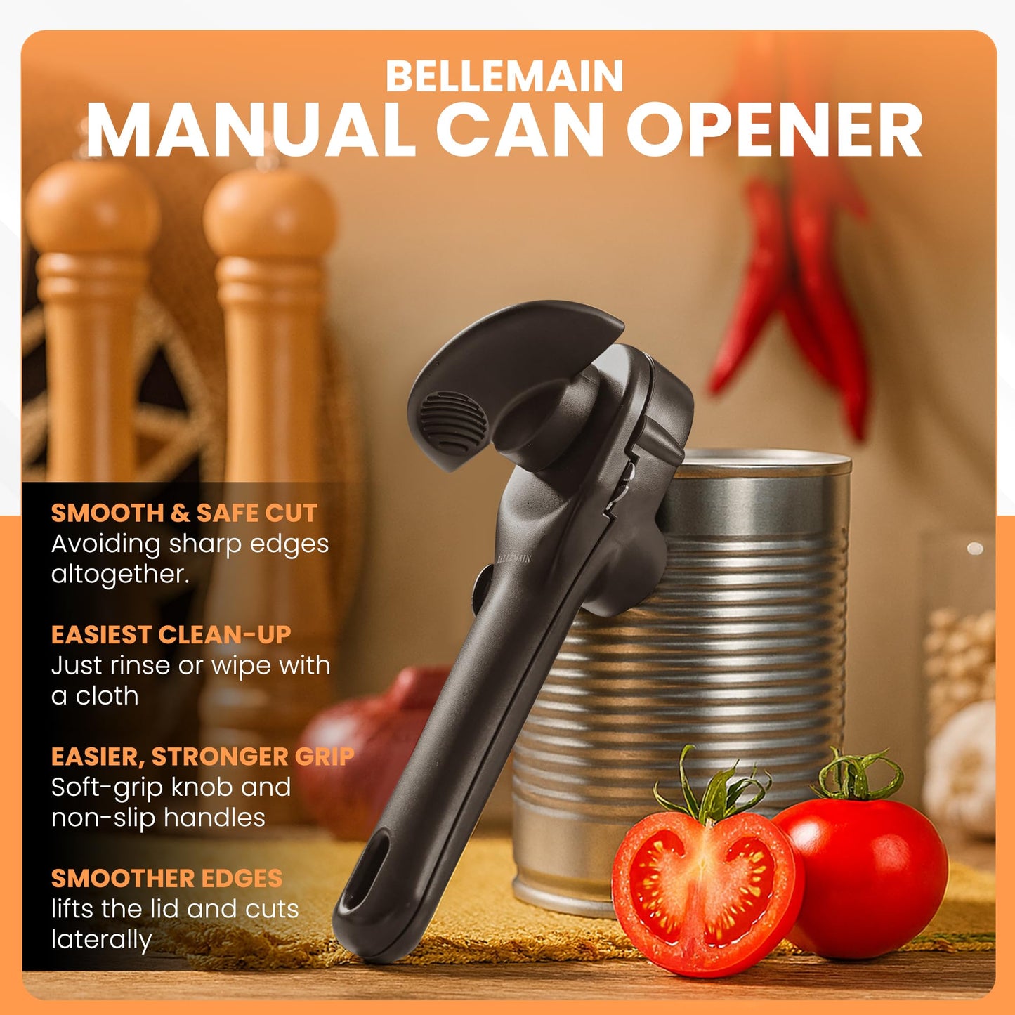 Bellemain- Safe Cut Stainless Steel Ergonomic Can Opener, Manual, Smooth Edge Perfect For Home Chefs and Restauraunts
