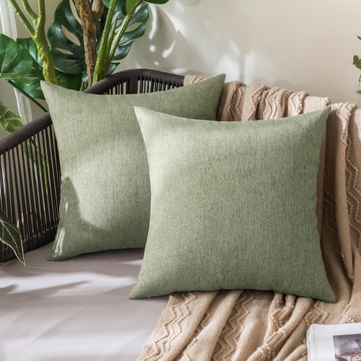MIULEE Decorative Outdoor Throw Pillow Covers - Waterproof Faux Linen Cushion Cases | 18x18 Inch Gray Green (Pack of 2)
