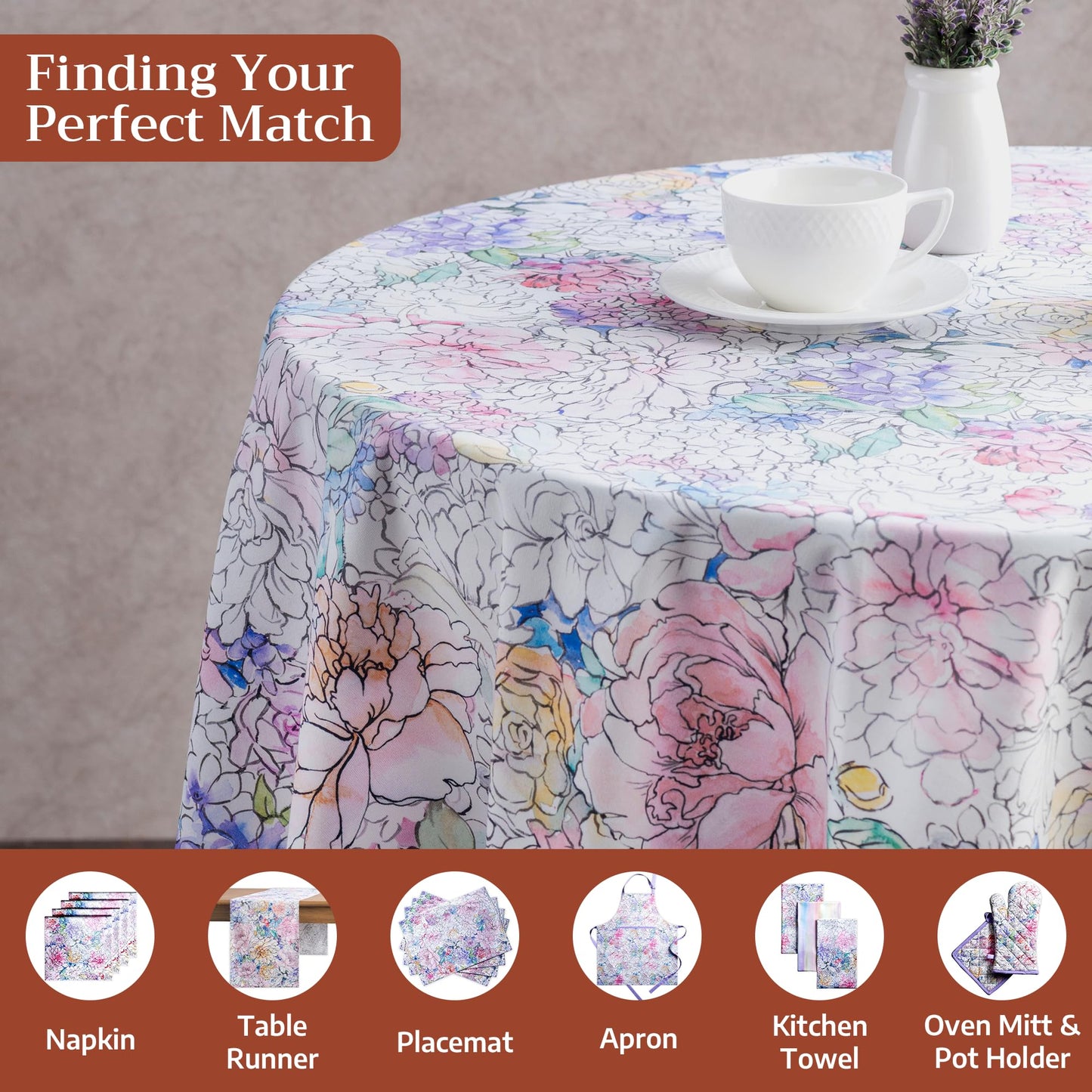 Maison d' Hermine Table Cloth Round Table 100% Cotton 63 Round Inches Tablecloth Reusable Decorative for Dining Kitchen Room Farmhouse Home Gifts for Mothers Day Spring Summer - Floral Love
