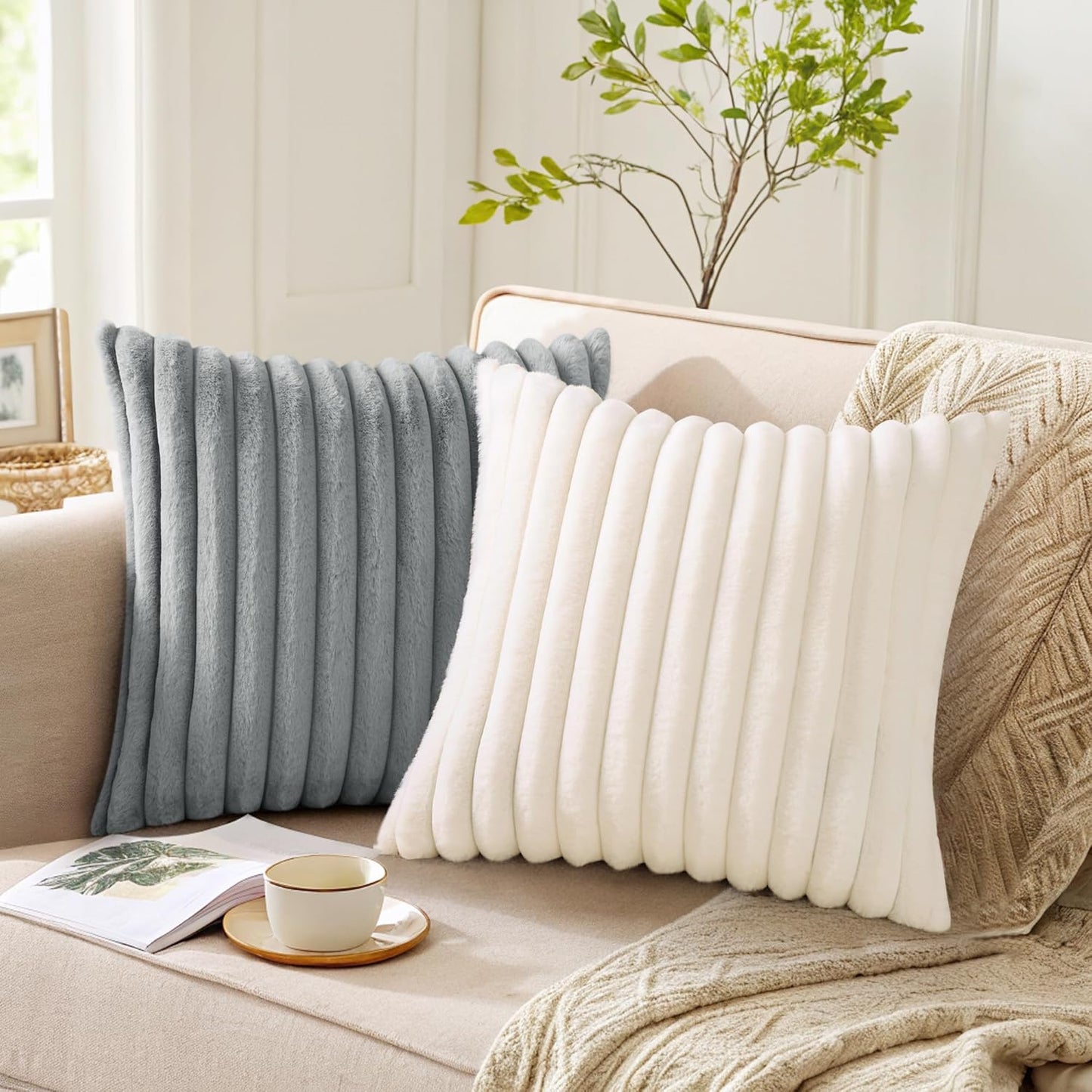 Pallene Faux Fur Throw Pillow Covers - Luxury Soft Fluffy Striped Set of 2 | 18x18 Cream White