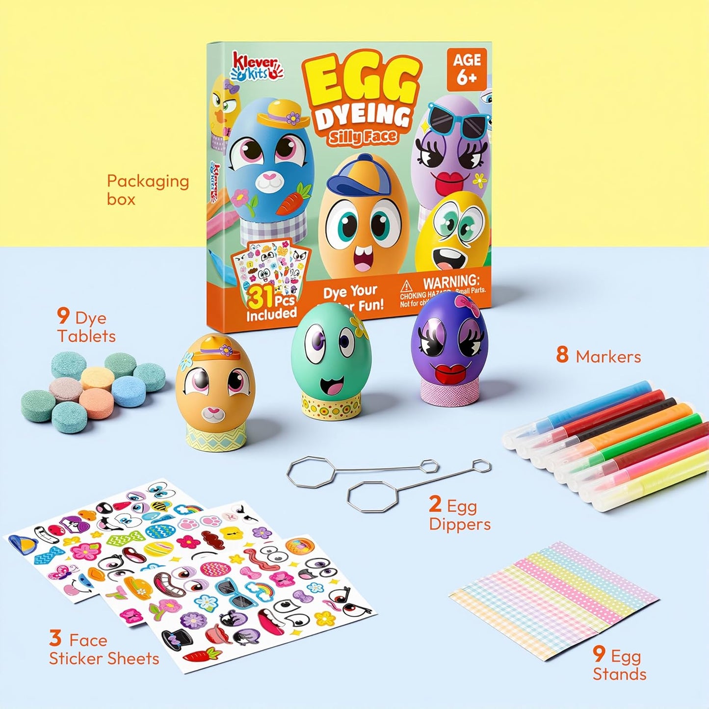 Klever 31PCS Easter Egg Decorating Kit - DIY Dye Tablets & Face Stickers for Kids' Parties