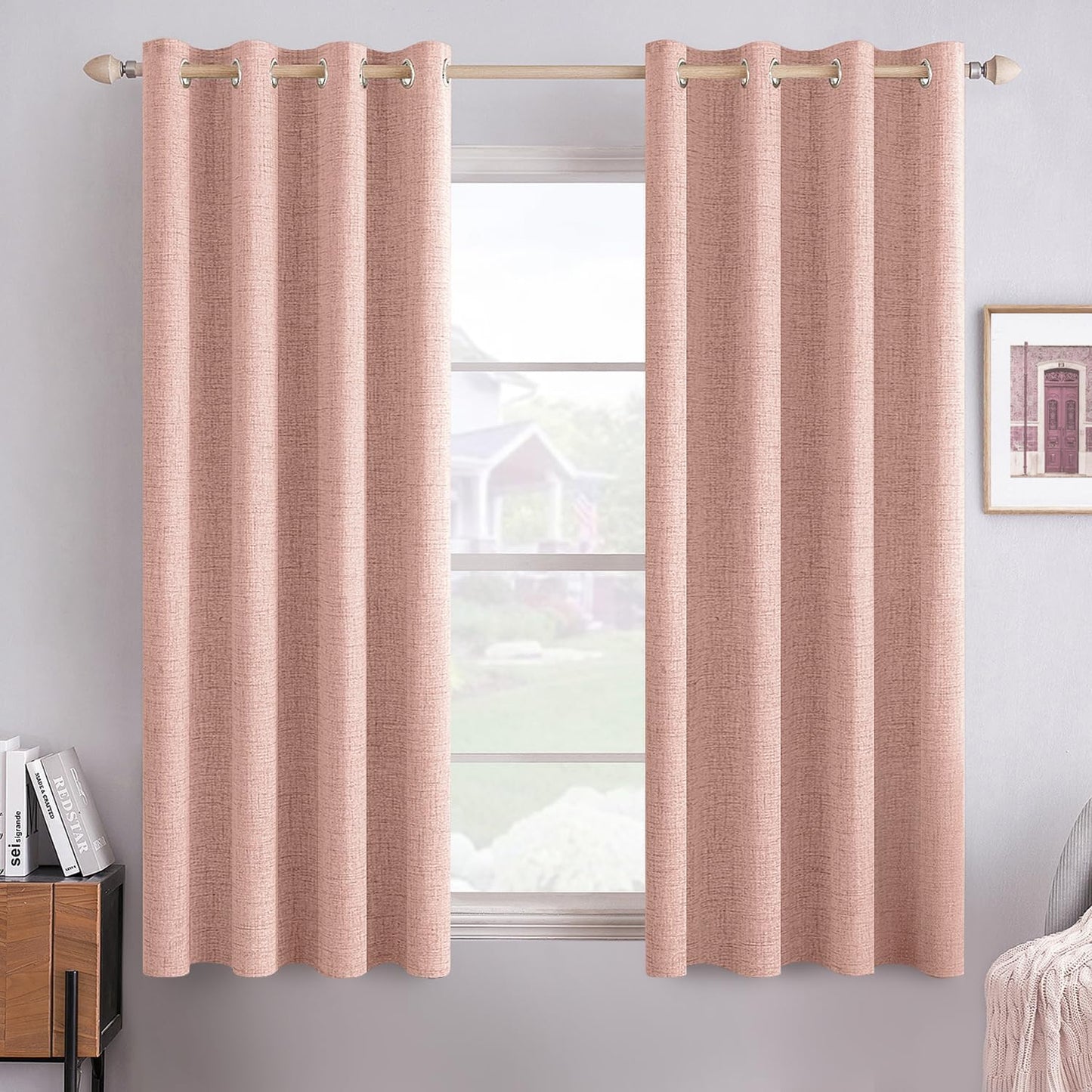 MIULEE Blackout Linen Curtains - 100% Thermal Insulated Grommet Drapes in Blush Pink | 52 x 45 Inch (2 Panels)
