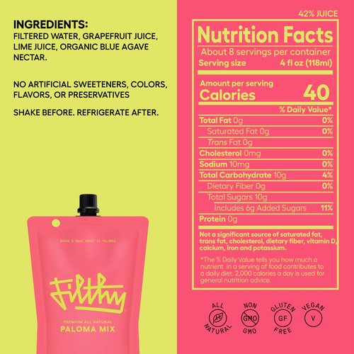 Filthy Paloma Mix, Premium Cocktail Mixer, All-Natural, Non-GMO, Vegan & Gluten-Free, Made with Fresh Ruby Red Texas Grapefruit & Florida Lime Juice, Organic Agave Nectar, 32 Oz Pouch