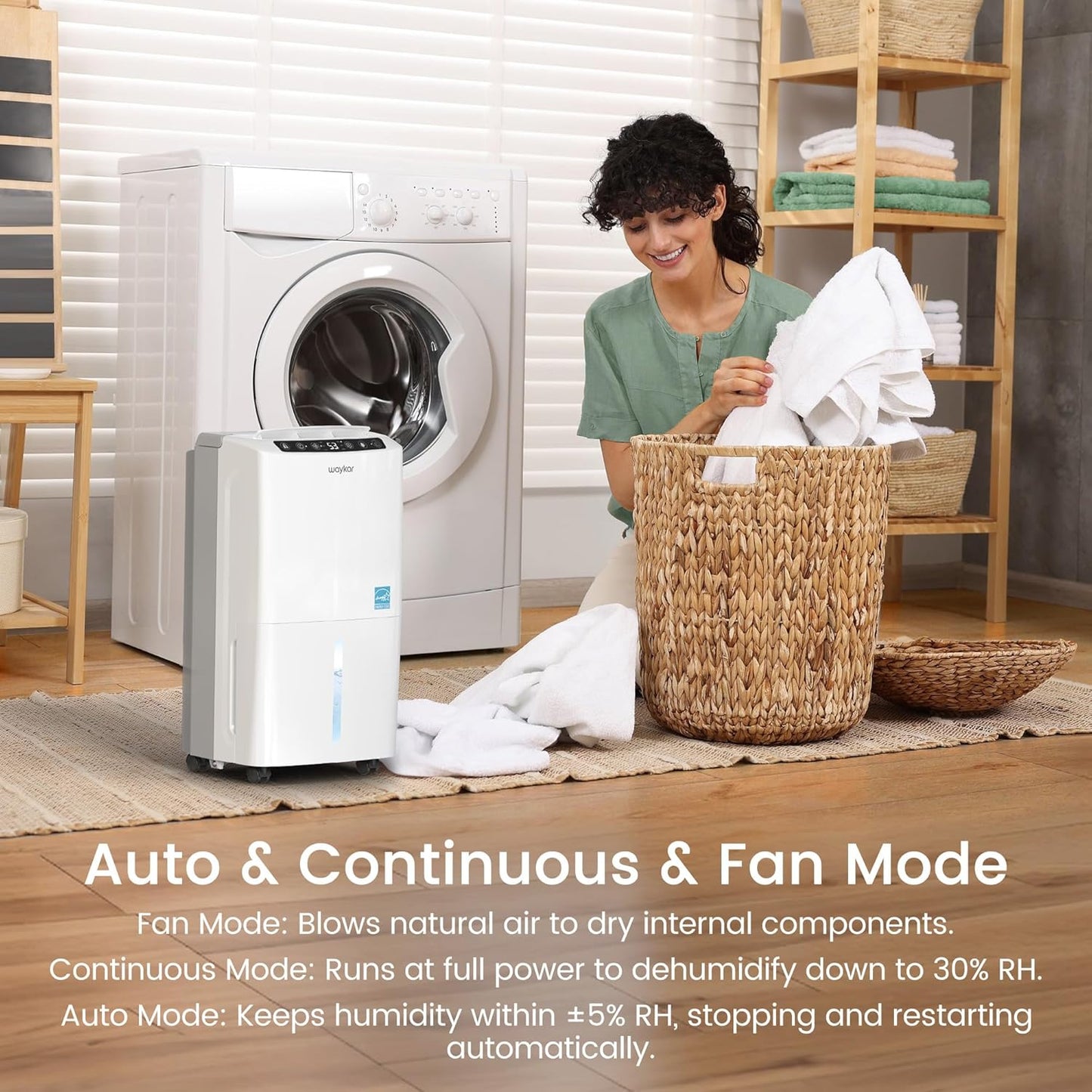 Waykar Dehumidifier - Energy Star 2000 Sq. Ft, 34 Pints, Quiet 33dB, Auto/Manual Drainage, 0.62 Gallon Tank