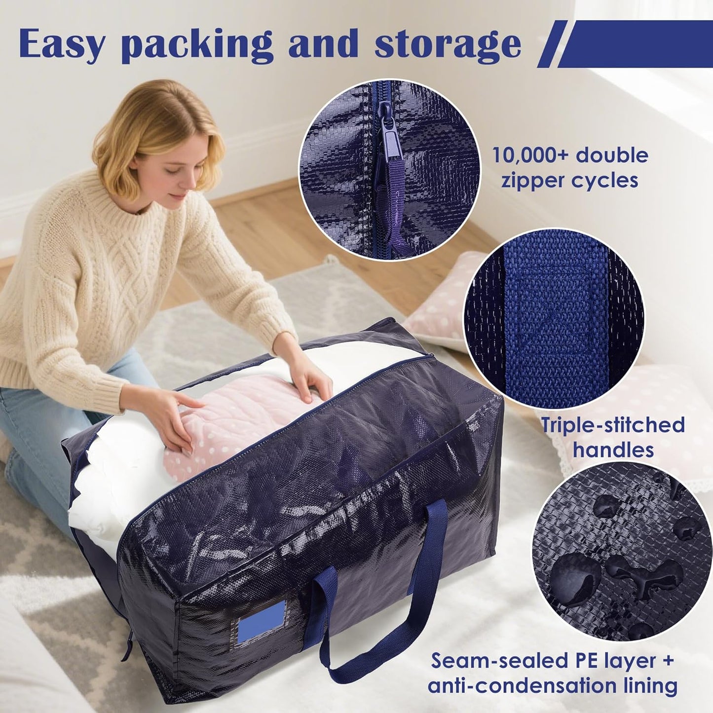 Skiennix 6 Pack Moving Bags - Extra Large 93L Heavy Duty Waterproof Storage Totes | Ideal for College Dorms & Home Organization, Blue