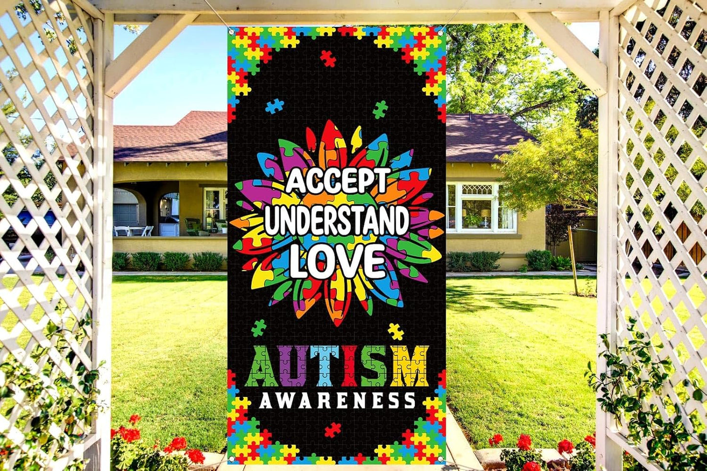 Sunwer Autism Awareness Door Cover - Puzzle Piece Design for April Decoration | Sunflower Front Porch Sign