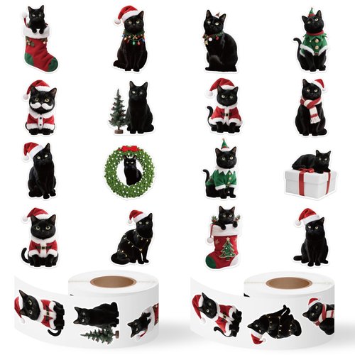 BkeeCten Christmas Black Cat Stickers - 600 Pcs Christmas Black Cat Waterproof Vinyl Reusable Laptop Stickers Coloring Book Scrapbook Water Bottle Page Activity Pad Party Favors Skateboard Giftwrap