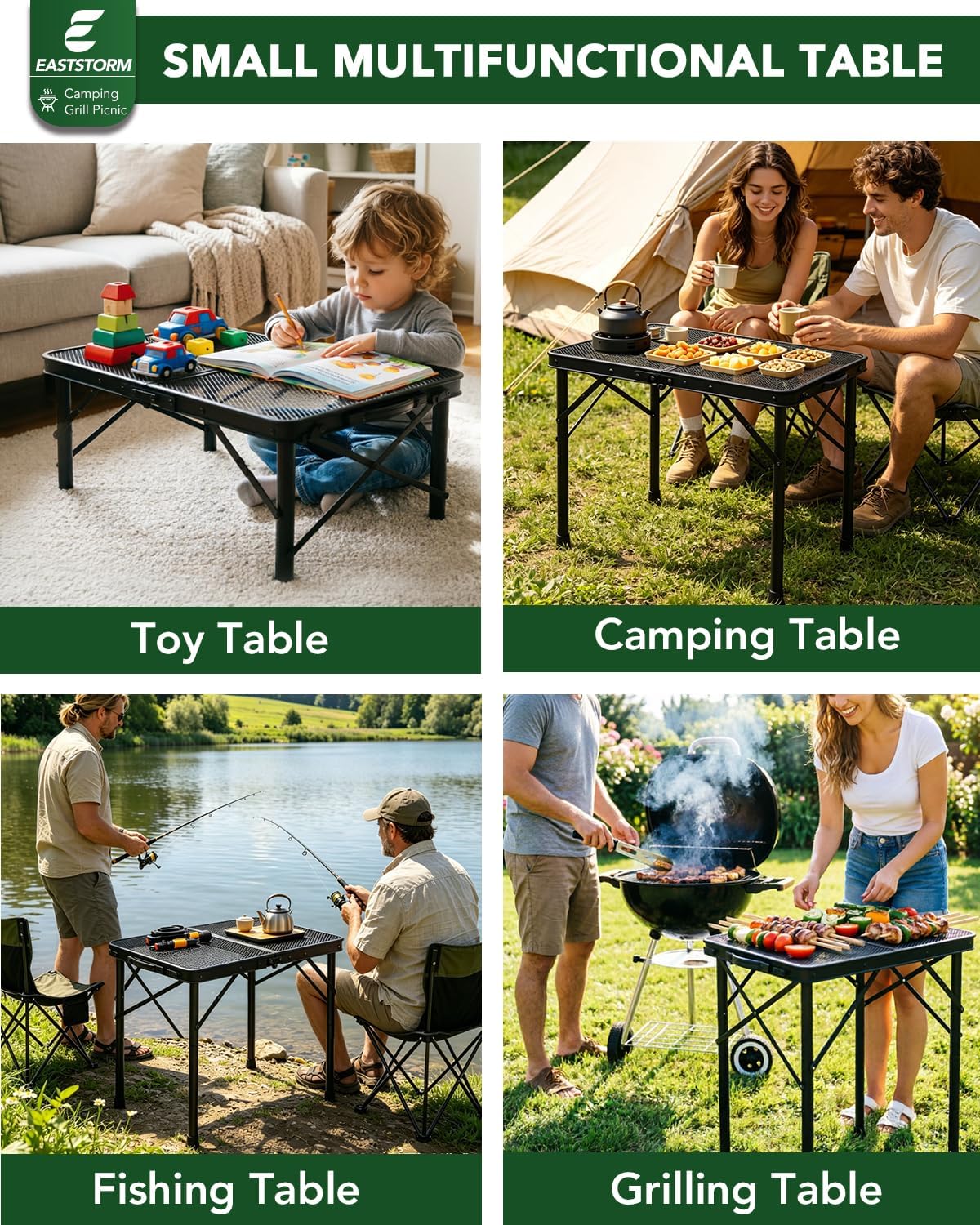 Skiennix Folding Camping Table - Adjustable Height 10.6–22 in, Portable Black Metal Mesh, 23.6×15.8 in, 66 lb Capacity