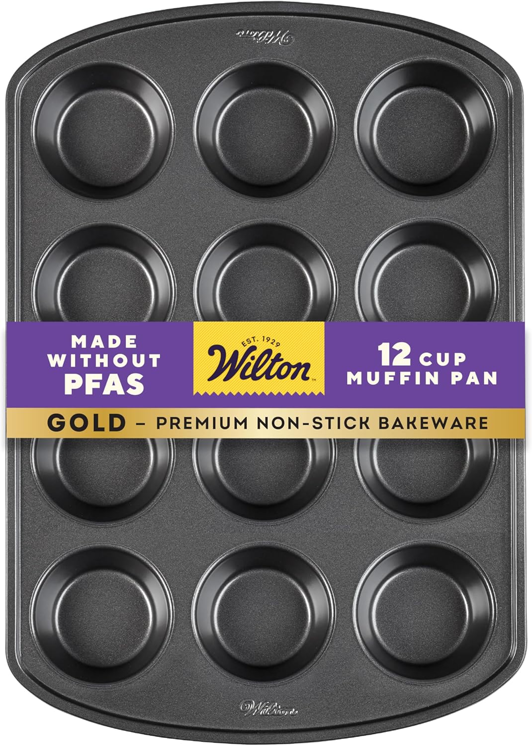 Wilton Gold Non-Stick Muffin Pan | PFAS-Free, Dent Resistant, Dishwasher Safe - 12 Cup, 10.5 x 15 x 2 Inches
