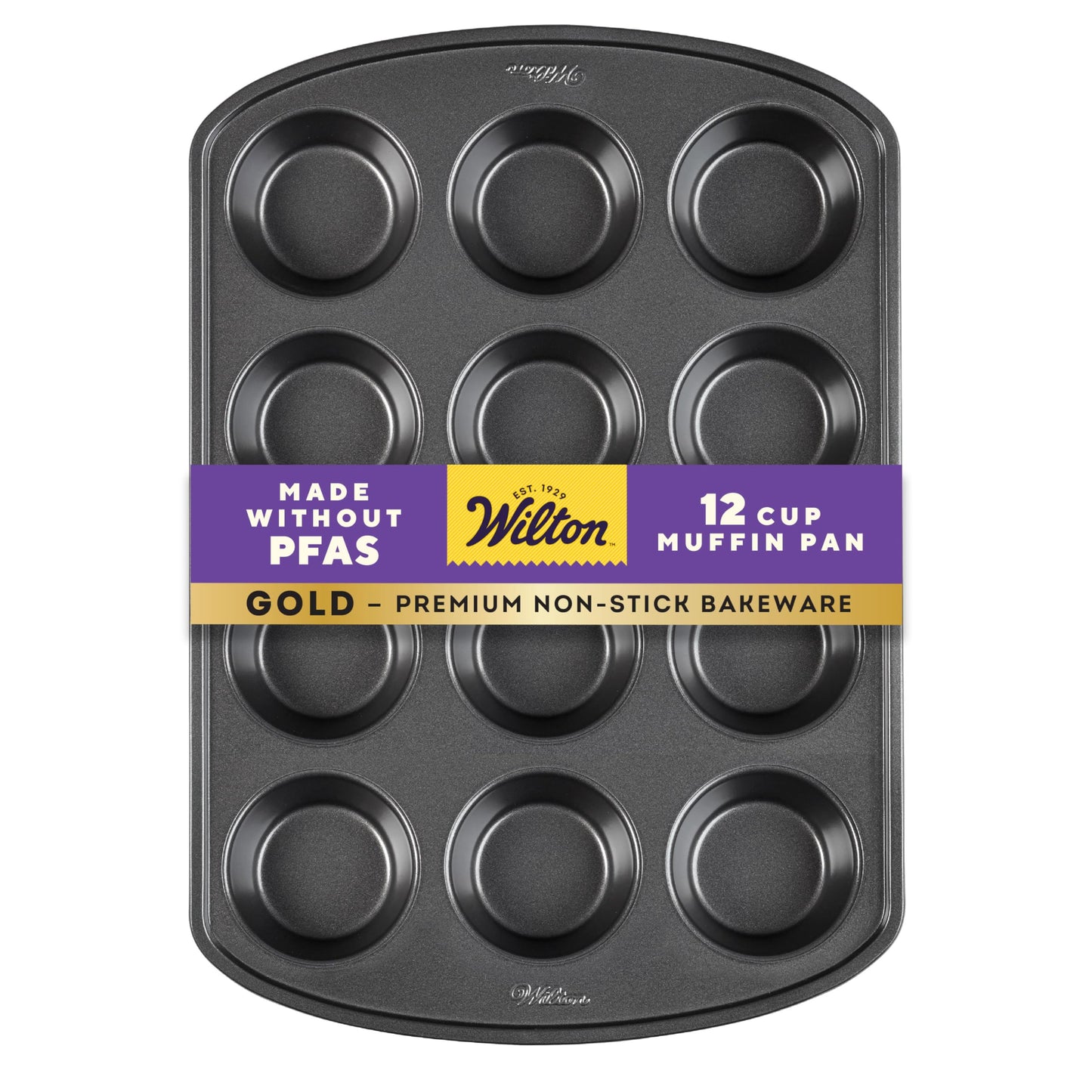 Wilton Gold Non-Stick Bakeware Muffin Pan - Baking Pan for Muffins & Cupcakes - Made Without PFAS, Dent Resistant & Dishwasher Friendly - Offers Even Heat Distribution - 10.5 x 15 x 2 Inches, 12 Cup