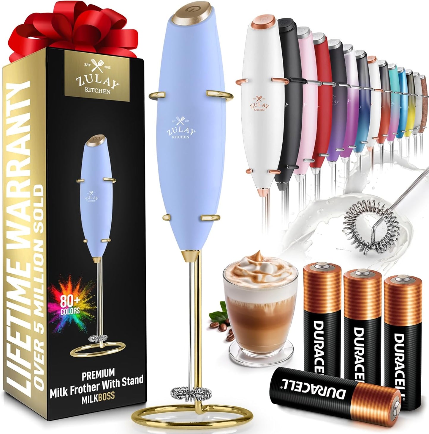 Zulay Kitchen Milk Frother Wand - Ultra-Fast Handheld Electric Whisk for Coffee & Lattes - Blue & Gold