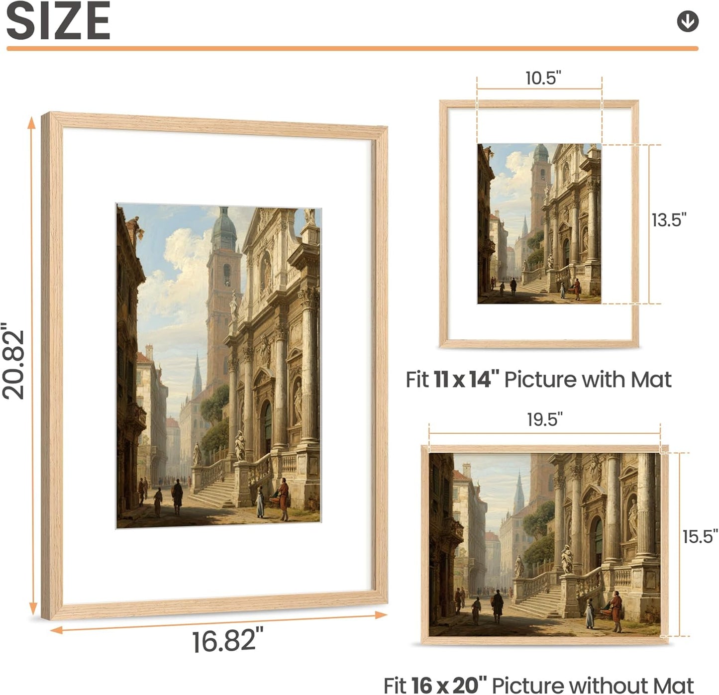 Upsimples 16x20 Picture Frames - Set of 3 Natural Solid Wood Frames for 11x14 or 16x20 Displays