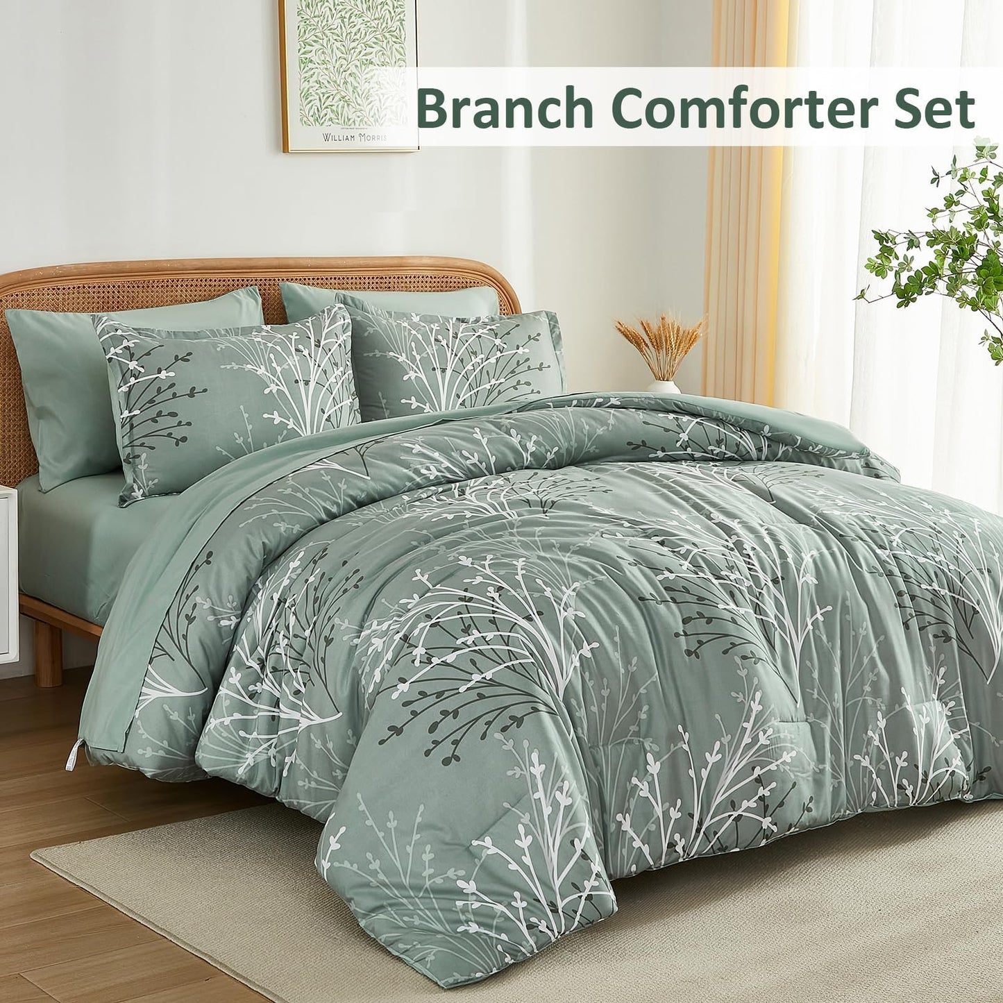 DJY Sage Green Comforter Set Queen Size Branch Botanical 7 Piece Bed in a Bag Green Floral Bedding Sets, Soft Microfiber Branches Leaves Pattern Reversible Comforter Set for All Season (90''x90'')