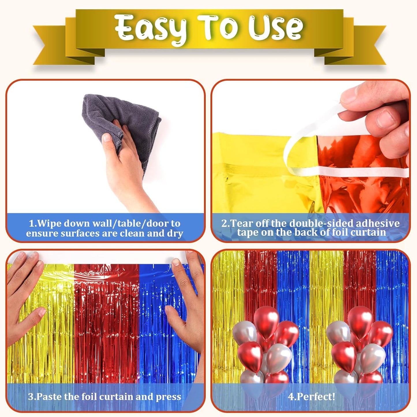 Voircoloria 3 Pack Tinsel Streamer Backdrop Curtains - Blue, Red & Gold Foil Fringe | 3.3 x 8.2 Ft Party Decorations