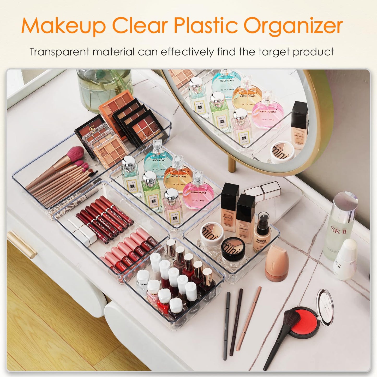 Criusia Clear Drawer Organizer 7 PCS - 5 Size Plastic Versatile Kitchen and Bathroom Organizer Trays, Non-Slip Storage Bins for Makeup, Utensils, Tool and Office Desk