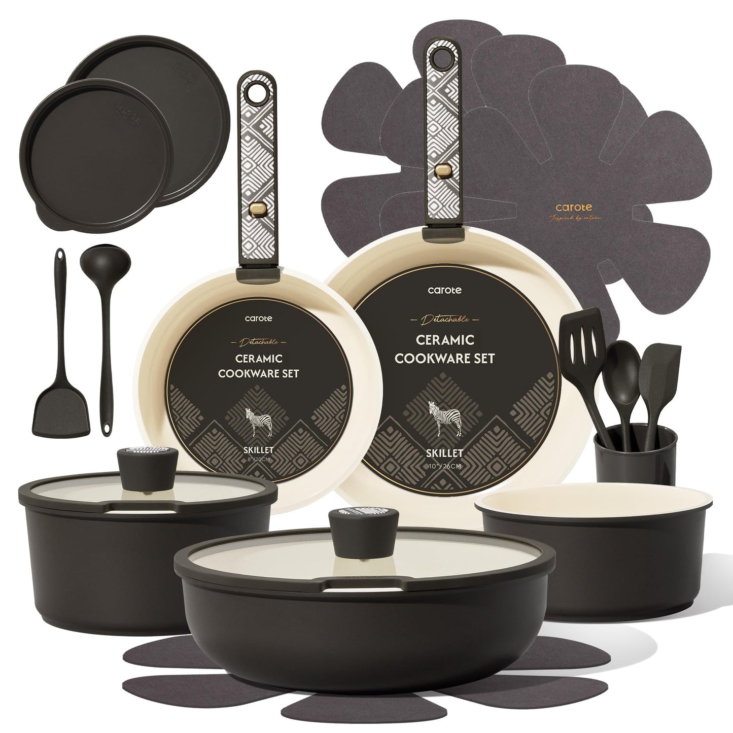 CAROTE 21-Piece Ceramic Cookware Set, Nonstick Pots and Pans Set with Detachable Handle, Non-Toxic Kitchen Cooking Set, Induction Compatible, Dishwasher & Oven Safe, Charcoal, Mothers Day Gifts
