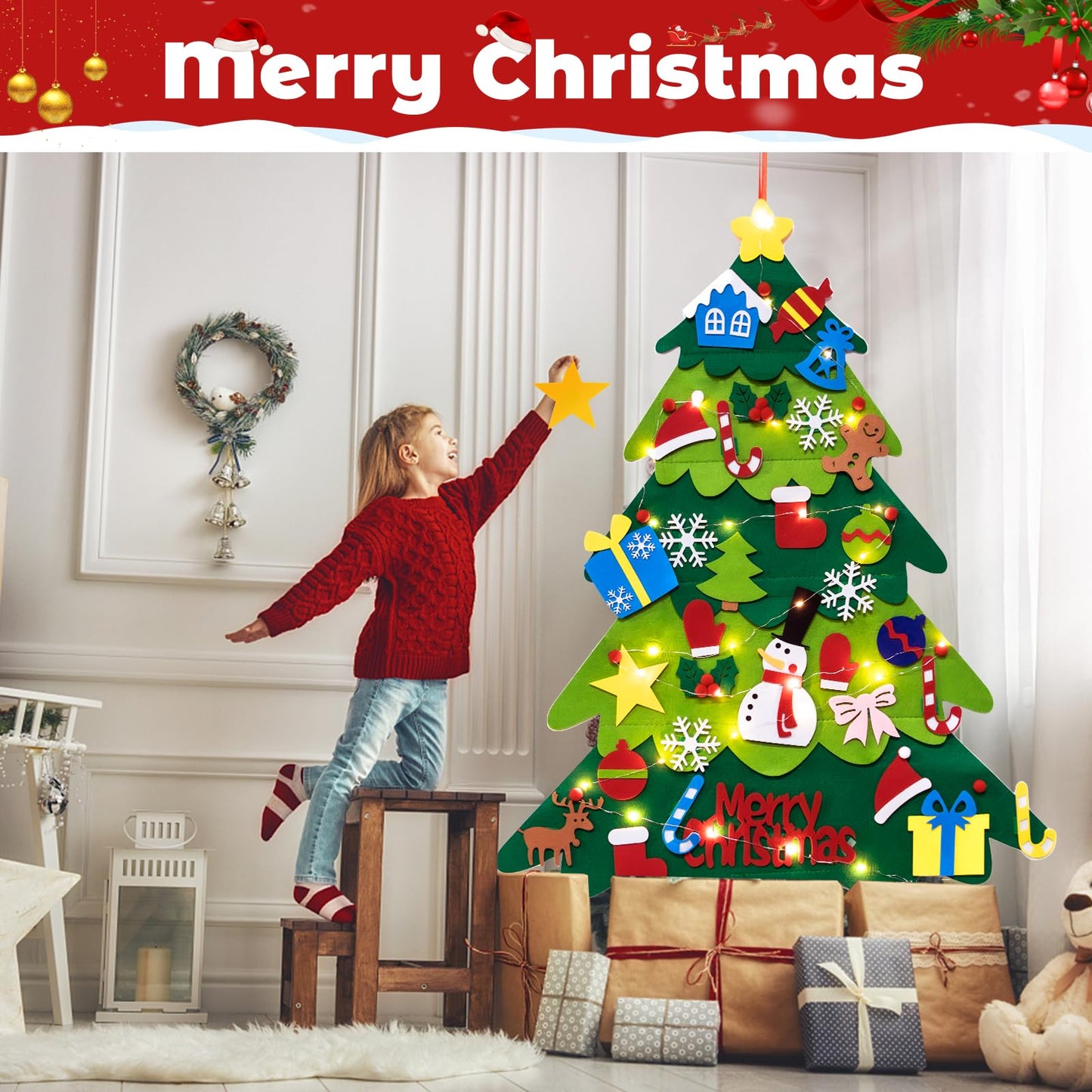 TonJin Felt Christmas Tree Set for Toddlers Kids with 3m/9.8ft Led String Light, 3.2ft/98cm Wall Hanging DIY Christmas Tree with 32 Detachable Ornaments for Xmas Home Decoration